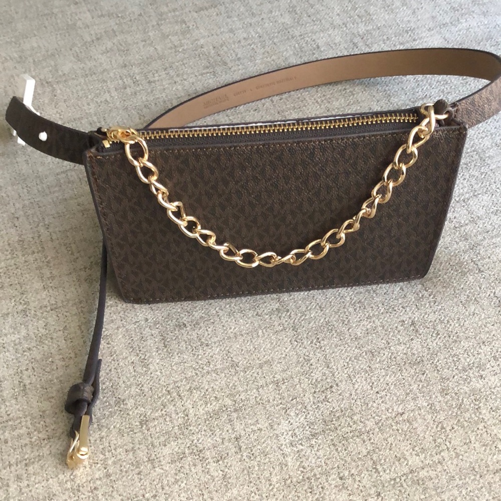 Michael Kors Brown Logo Gold Chain Pull Belt Waist Bag NWOT Never Used